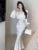 Elegant Bodycon Printed Midi Dresses for Women V-neck Lantern Sleeve Slim Waist Mermaid Evening Party Dress Autumn New Vestidos