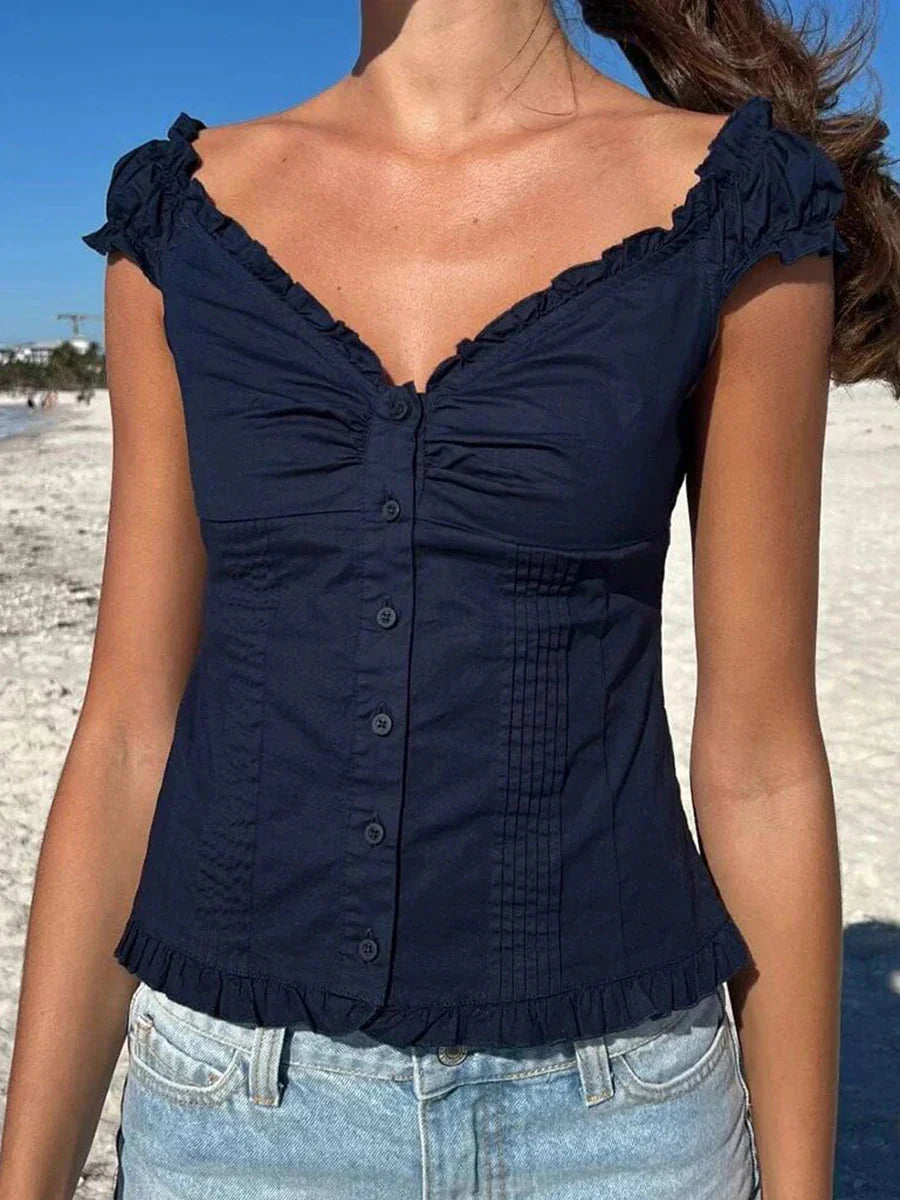 Ruffles White Basic Blouse Top for Woman Folds Single Breasted Sleeveless Tank Tops Casual Cotton Vest Y2k Sweet Camisole