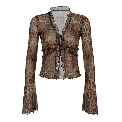 Leopard Shirt y2k Clothing Front Tie-up Ruffled Trim Flared Long Sleeve Mesh Blouse Top Grunge Clothes Streetwear