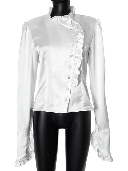 TAIVIMART  -  White Ruffled Vintage Shirts For Women Patchwork V-Neck Long Sleeve Autumn Elegant Streetwear Female Cardigan Blouses