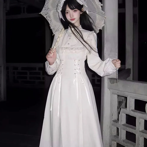Japanese Style Kawaii Lace-up Midi Dresses Women Princess Party Dress Long Sleeve O-neck High Waist Y2K Gothic Vestidos Mujer