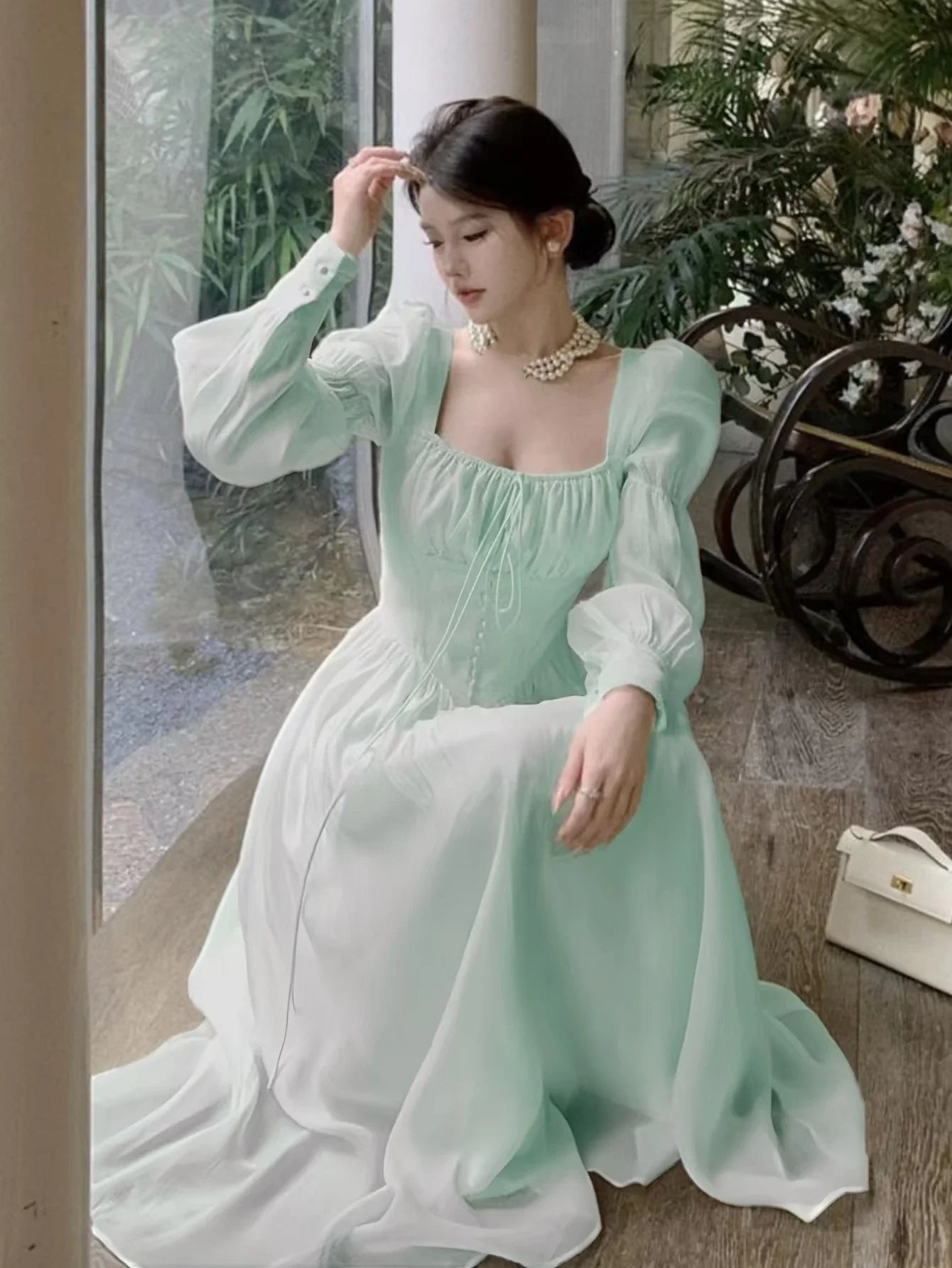 Autumn New Princess Midi Dresses for Women Square Collar Slim Waist Puff Sleeve Vintage Chic Female Clothing One Piece Vestido