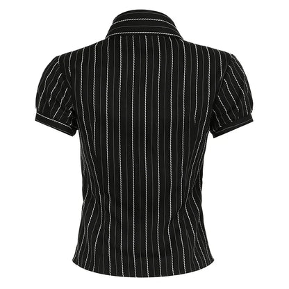 Voguable  Chic Elegant Striped Blouse French Style Button-up Turn-down Collar Shirt Vintage Streetwear Y2K Tops