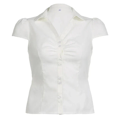 Vintage Folds Crop Top White Button Up Short Sleeve Blouse Bandage Korean T-shirt Casual Streetwear y2k Tee