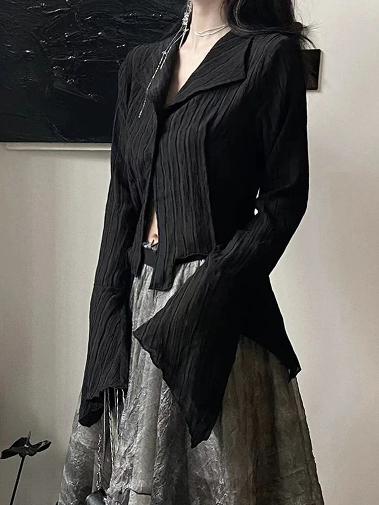 Voguable  Gothic Harajuku Black Shirt Vintage Long Sleeve Y2K Blouse Casual American Retro Irregular V Neck Loose Tops Spring