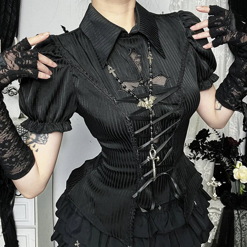 Bandage Corset Puff Sleeve Blouse