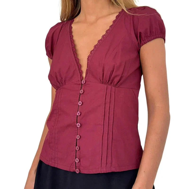 Coquette Shirt y2k Clothes Deep V Neck Lace Trim Single Breasted Short Sleeve Blouse Crop Top Club Streetwear