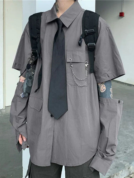 Voguable  Dark Academic Gothic Tie Shirt Harajuku Vintage Patchwork Y2K Blouse Bf Oversize Loose Removable Long Sleeve Tops