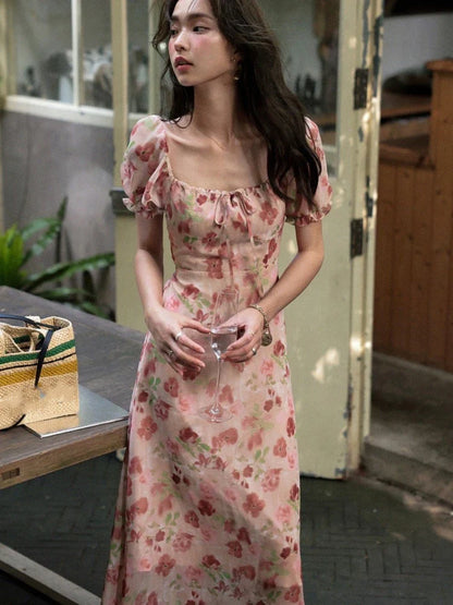 French Vintage Floral Printed Midi Dresses for Women Summer Puff Sleeve Square Collar Slim Party Dress Casual One Piece Vestido