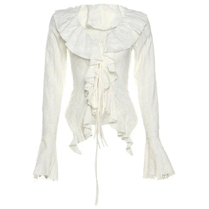 Fairycore Top White Clothes Gothic Ruffled V Neck Flared Long Sleeve Ripped Blouse Shirt y2k Aesthetic Clothing