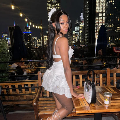White Hollow A-Line Lace-Up Mini Dress