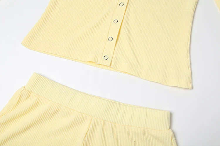 Leisure Stretch 2-Piece Set Women Single-Breasted Long Sleeves o-Neck Blouse+Basis Shorts Simple Classic Street Suits