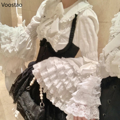 Vintage Lolita Style Shirts Gothic Y2k Bow Lace Ruffle Flare Long Sleeve Blouse Japanese Sweet Elegant Cute Tops