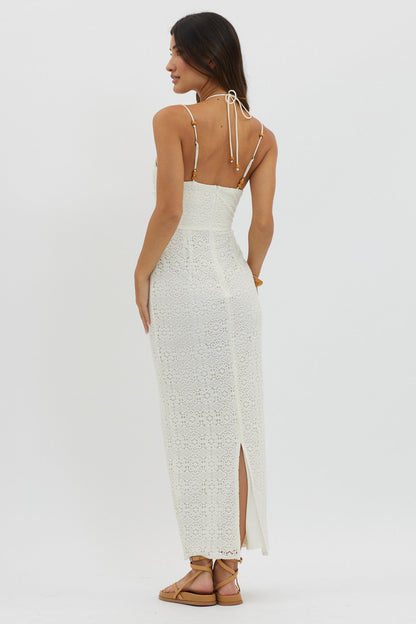 Namaste Bead Strap Lace Midi Dress White