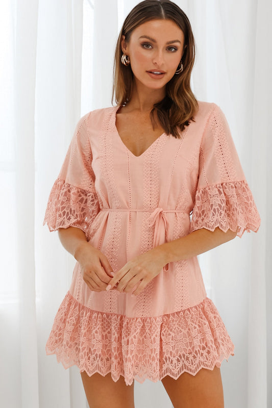 Karissa Lace Trim Waist Tie Tunic Dress Blush