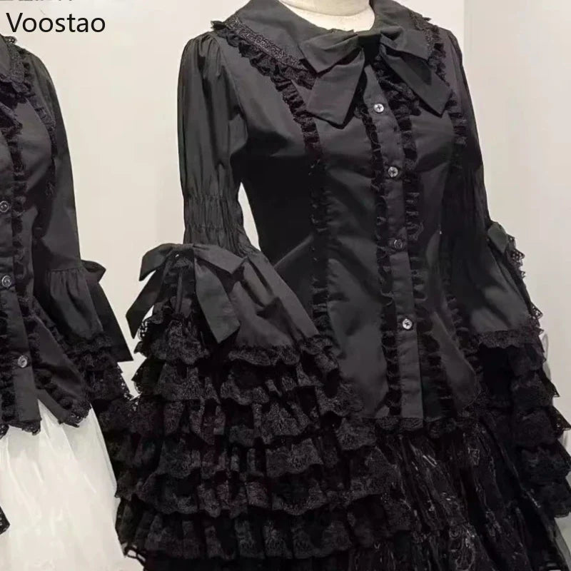 Vintage Lolita Style Shirts Gothic Y2k Bow Lace Ruffle Flare Long Sleeve Blouse Japanese Sweet Elegant Cute Tops