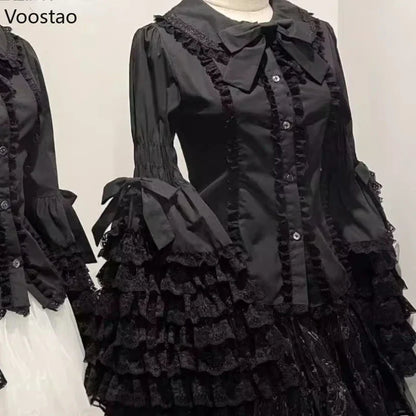 Vintage Lolita Style Shirts Gothic Y2k Bow Lace Ruffle Flare Long Sleeve Blouse Japanese Sweet Elegant Cute Tops