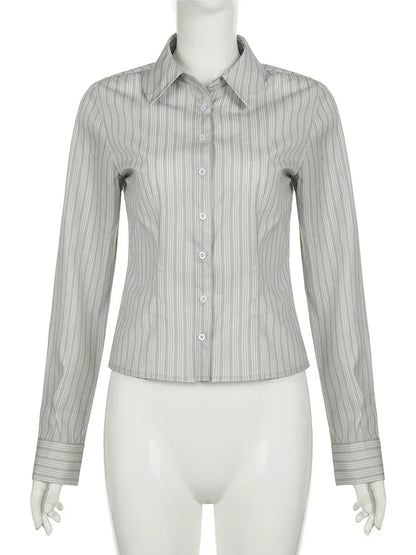 Voguable Striped Blouses Office Ladies Y2K Aesthetic Vintage Buttons Up Lapel Collar Shirts Korean Casual Tops
