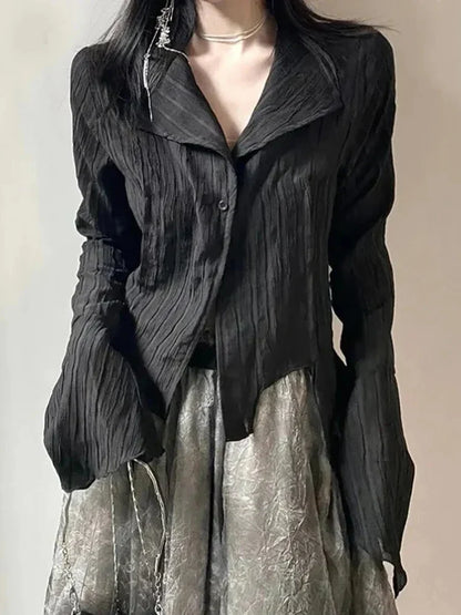 Voguable  Gothic Harajuku Black Shirt Vintage Long Sleeve Y2K Blouse Casual American Retro Irregular V Neck Loose Tops Spring