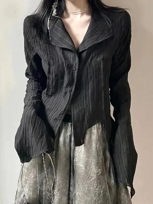 Voguable  Gothic Harajuku Black Shirt Vintage Long Sleeve Y2K Blouse Casual American Retro Irregular V Neck Loose Tops Spring