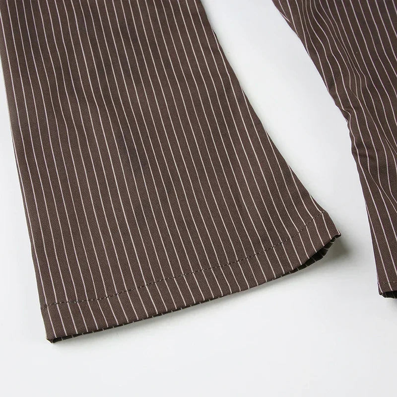 Vintage Brown Striped Blouse Women Fashion High Street Fitted Tee Shirt 2000s Casual Button Top Ladies Fall Outfits