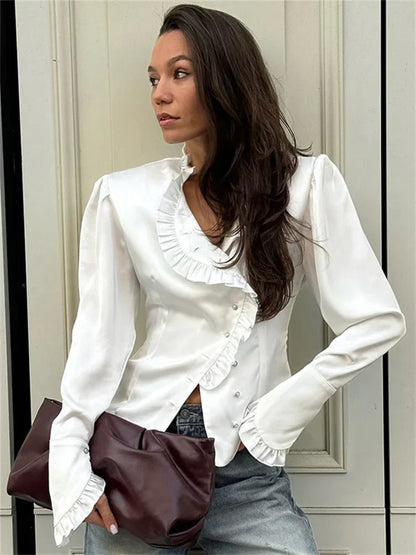TAIVIMART  -  White Ruffled Vintage Shirts For Women Patchwork V-Neck Long Sleeve Autumn Elegant Streetwear Female Cardigan Blouses