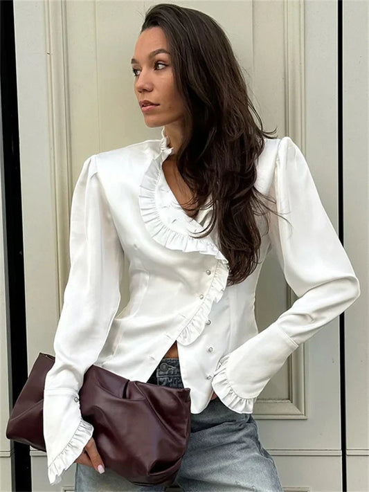 TAIVIMART  -  White Ruffled Vintage Shirts For Women Patchwork V-Neck Long Sleeve Autumn Elegant Streetwear Female Cardigan Blouses