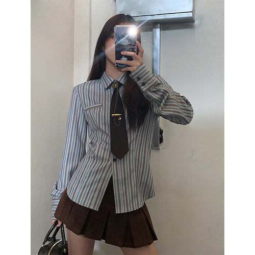 Y2K Harajuku Striped Shirts Vintage Streetwear Tie Long Sleeve Blouses Korean Preppy Slim All Match Tops New