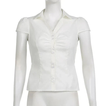 Vintage Folds Crop Top White Button Up Short Sleeve Blouse Bandage Korean T-shirt Casual Streetwear y2k Tee