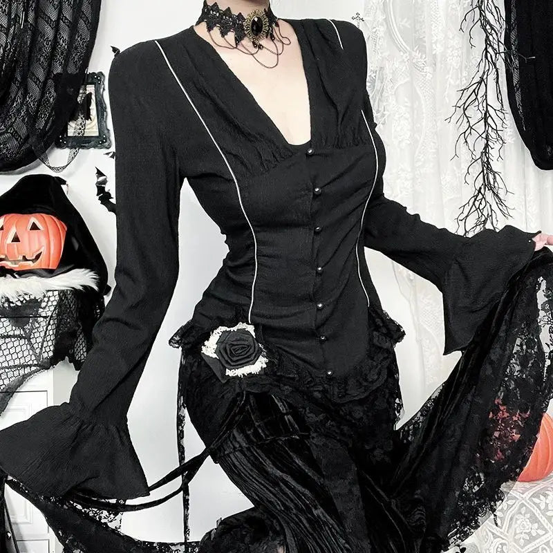 Gothic V-Neck Flare Sleeve Blouse