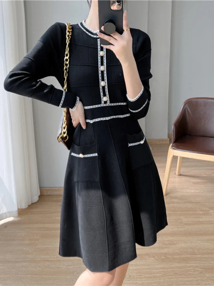 Spring Vintage Party Dresses Women Elegant Slim Knitted Midi Dress A-line Lady Korean Fashion Autumn Vestidos Mujer