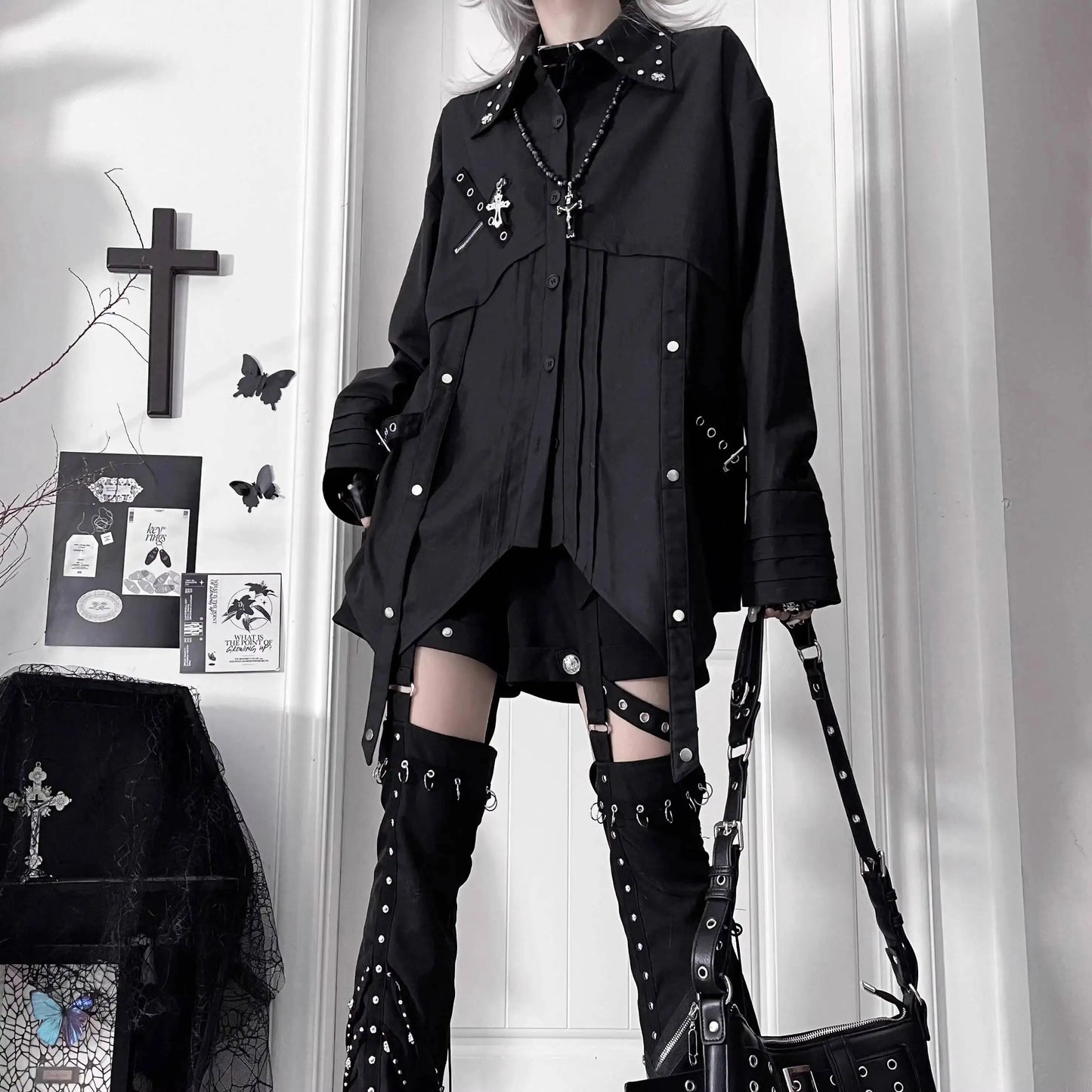 Gothic Metal Accent Tie Blouse