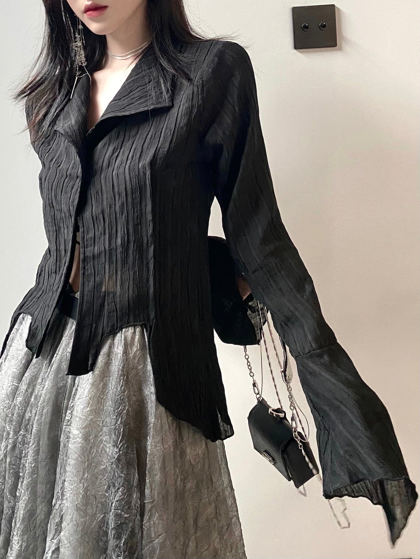 Voguable Gothic Black Shirt Yamamoto Style Dark Aesthetic Blouse Irregular Designer Clothes Emo Alt Clothes Grunge Tops Y2k