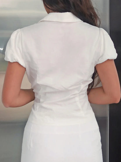 Casual V-neck Turn-Down Collar Slim Blouse