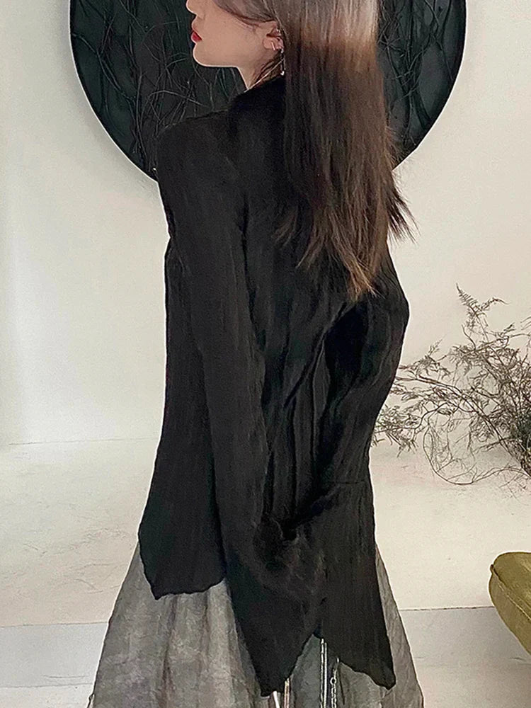 Voguable  Gothic Harajuku Black Shirt Vintage Long Sleeve Y2K Blouse Casual American Retro Irregular V Neck Loose Tops Spring