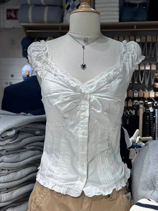 Ruffles White Basic Blouse Top for Woman Folds Single Breasted Sleeveless Tank Tops Casual Cotton Vest Y2k Sweet Camisole