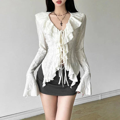 Fairycore Top White Clothes Gothic Ruffled V Neck Flared Long Sleeve Ripped Blouse Shirt y2k Aesthetic Clothing