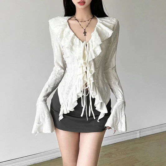 Fairycore Top White Clothes Gothic Ruffled V Neck Flared Long Sleeve Ripped Blouse Shirt y2k Aesthetic Clothing