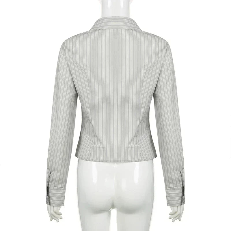 Voguable Striped Blouses Office Ladies Y2K Aesthetic Vintage Buttons Up Lapel Collar Shirts Korean Casual Tops
