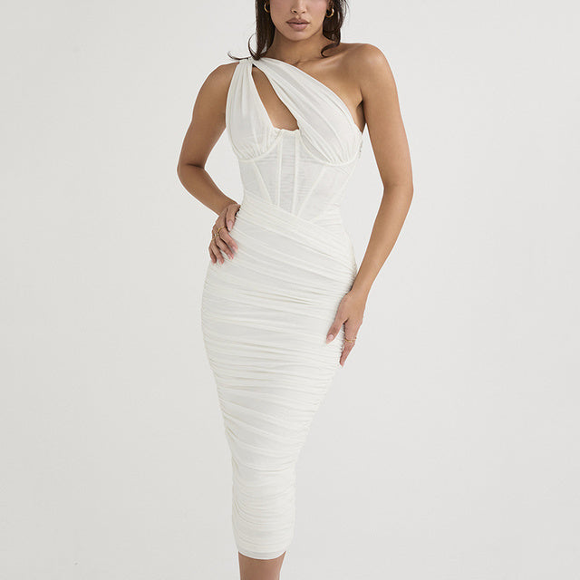 High Quality Mesh One Shoulder Backless Midi Dress For Women Fashion Hollow Out Sleeveless Ruched Long Dress Vestido