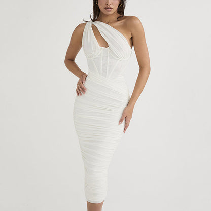 High Quality Mesh One Shoulder Backless Midi Dress For Women Fashion Hollow Out Sleeveless Ruched Long Dress Vestido