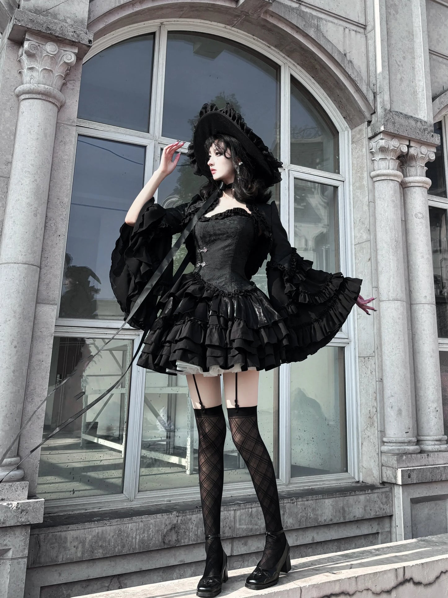 Gothic Horn Sleeve Ruffled Blouse