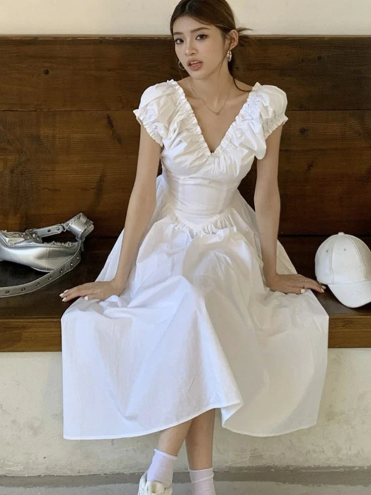 Casual Solid Midi Dresses for Women Korean Chic V-neck Backless High Waist Puff Sleeve A-line Party Dress Summer Vestidos Mujer