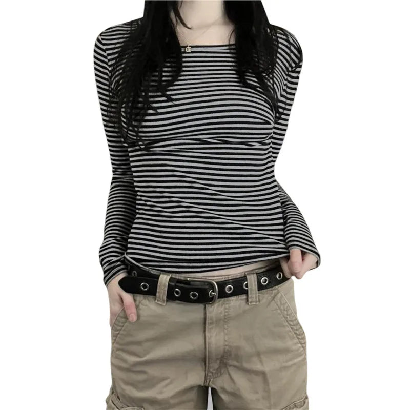 Harajuku Striped Long Sleeve T-Shirts Crew Neck Slim Blouse Y2K Grunge Goth Tops Tee Dark Academia Clothing Streetwear