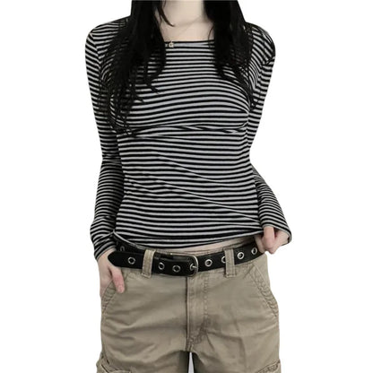 Harajuku Striped Long Sleeve T-Shirts Crew Neck Slim Blouse Y2K Grunge Goth Tops Tee Dark Academia Clothing Streetwear