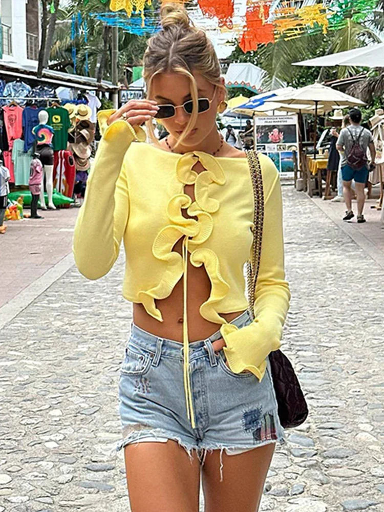 Elegant Slim Ruffle Lace Up Blouse Women Vintage Patchwork Hollow Out Short Cardigan Female Autumn Fashion Street Knitwear