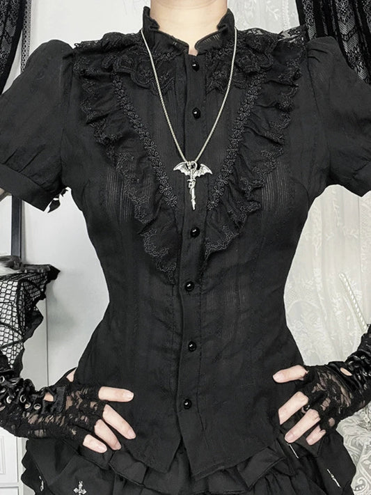 Vintage Jacquard Puff Sleeve Blouse