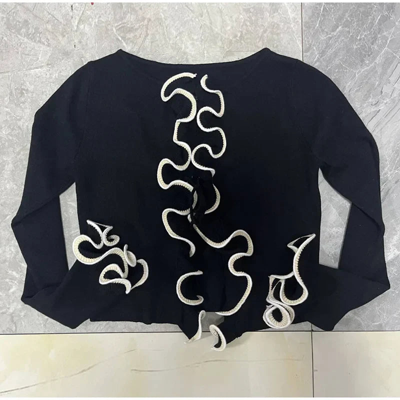 Elegant Slim Ruffle Lace Up Blouse Women Vintage Patchwork Hollow Out Short Cardigan Female Autumn Fashion Street Knitwear