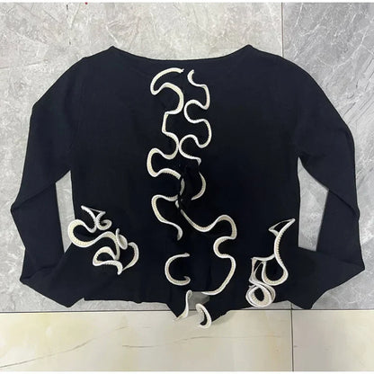Elegant Slim Ruffle Lace Up Blouse Women Vintage Patchwork Hollow Out Short Cardigan Female Autumn Fashion Street Knitwear