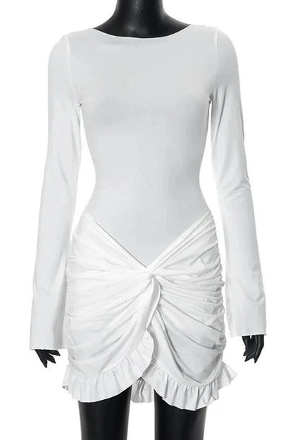Pleated Bodycon Mini Dress with O Neck and Long Sleeves
